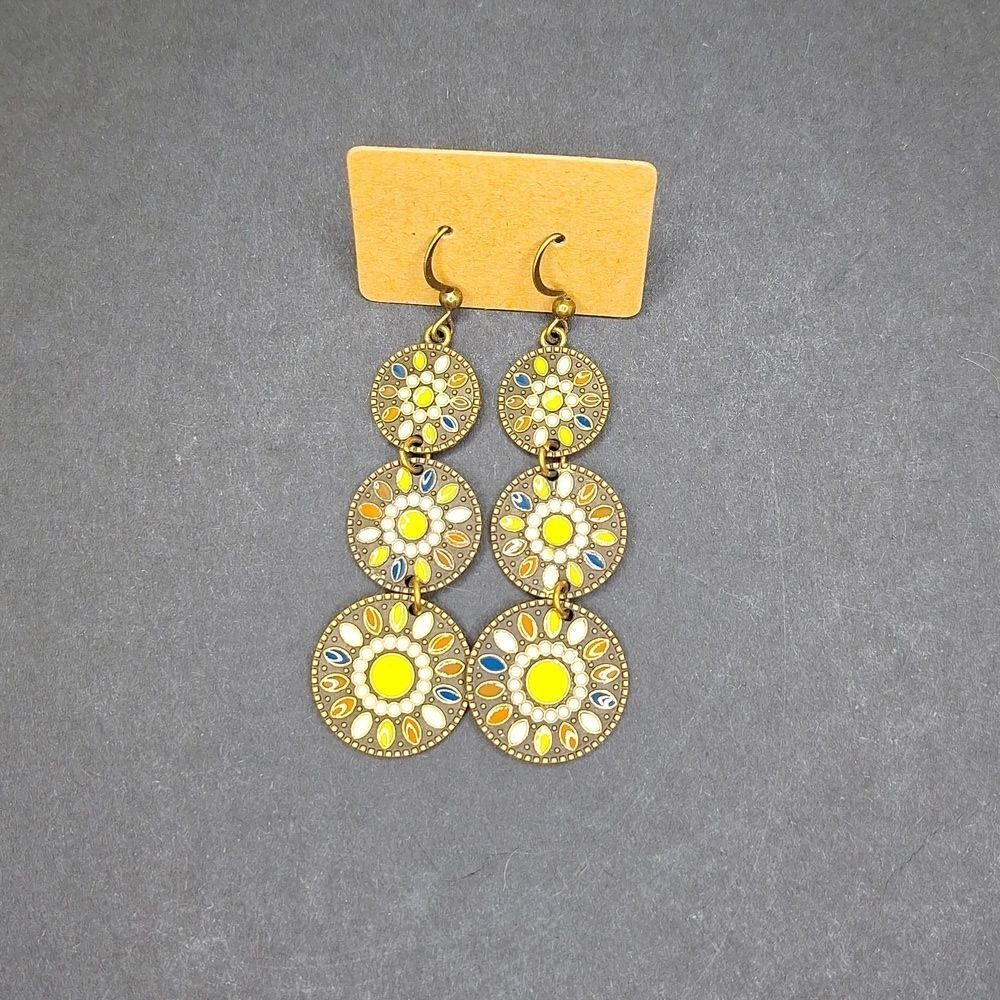 Bronze yellow earrings mandala drop flower jewelry - Picture 2 of 4